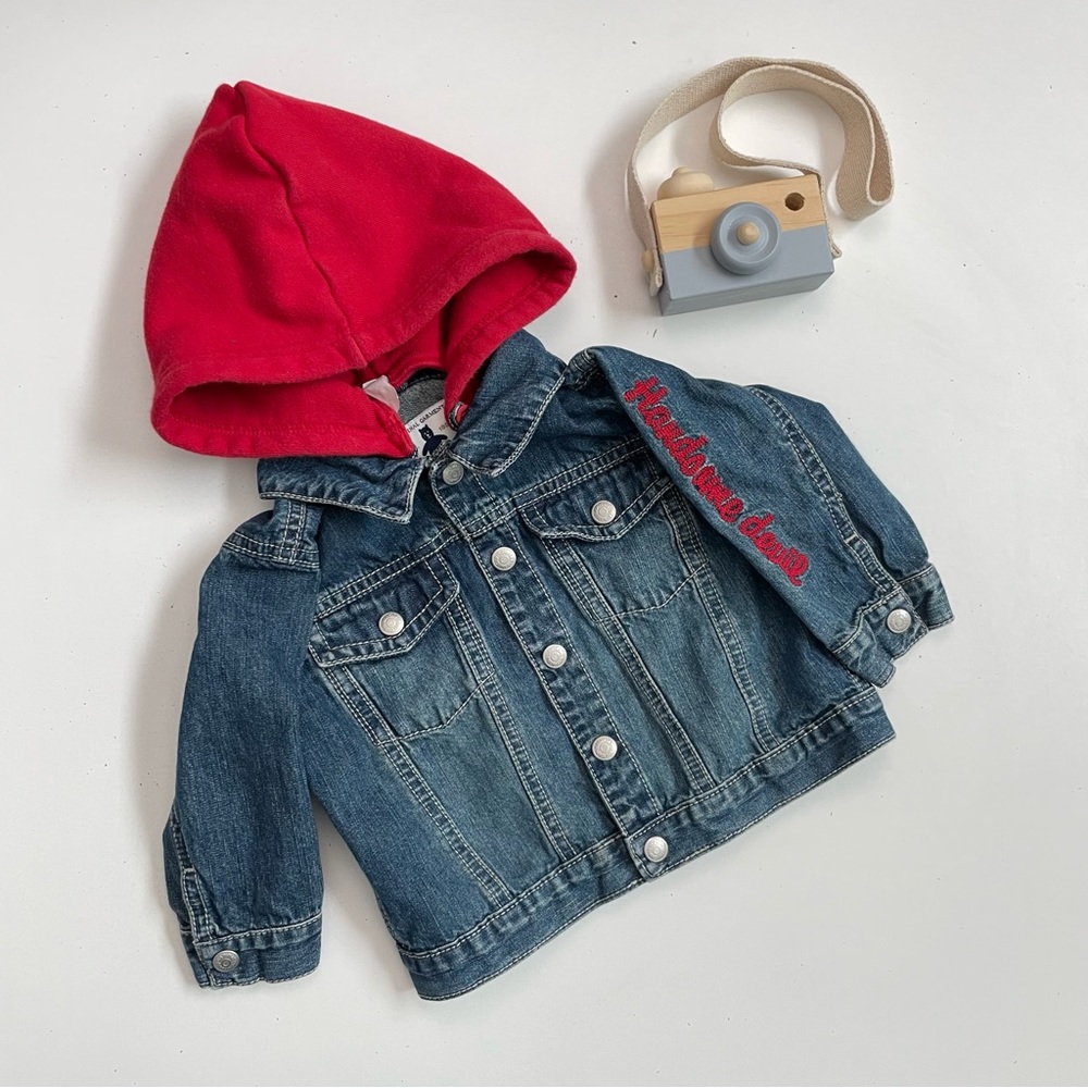 Gap Baby Jacket Denim Embroidered Handsome Devil Removable Hood Pockets Blue Red